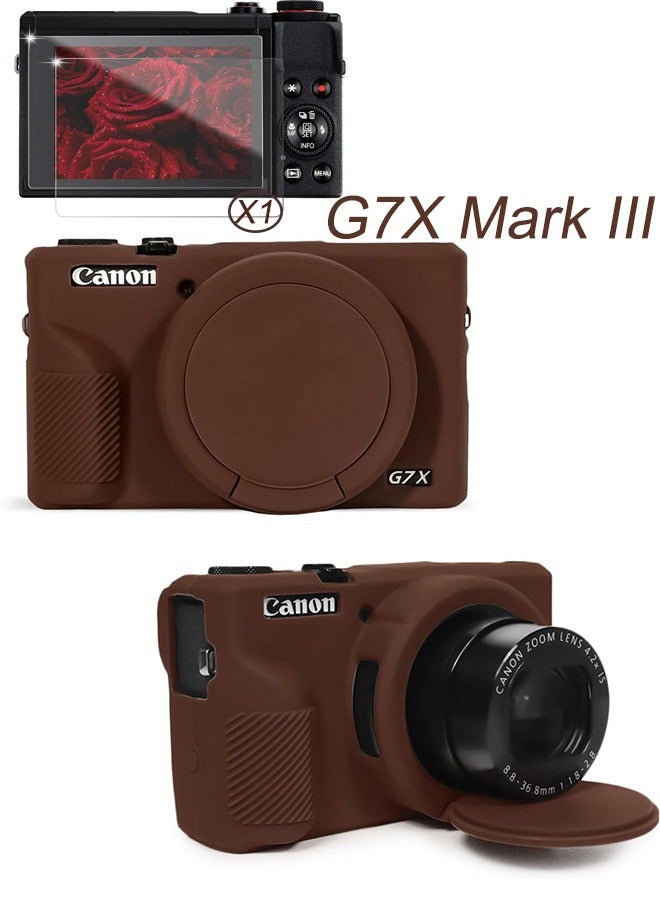 حافظة سيليكون مع واقي شاشة من الزجاج المقوى لكاميرا Canon Powershot G7 X Mark III الرقمية غطاء واقي ناعم من السيليكون مع غطاء عدسة قابل للإزالة مضاد للانزلاق ومضاد للخدش باللون البني - Image 1
